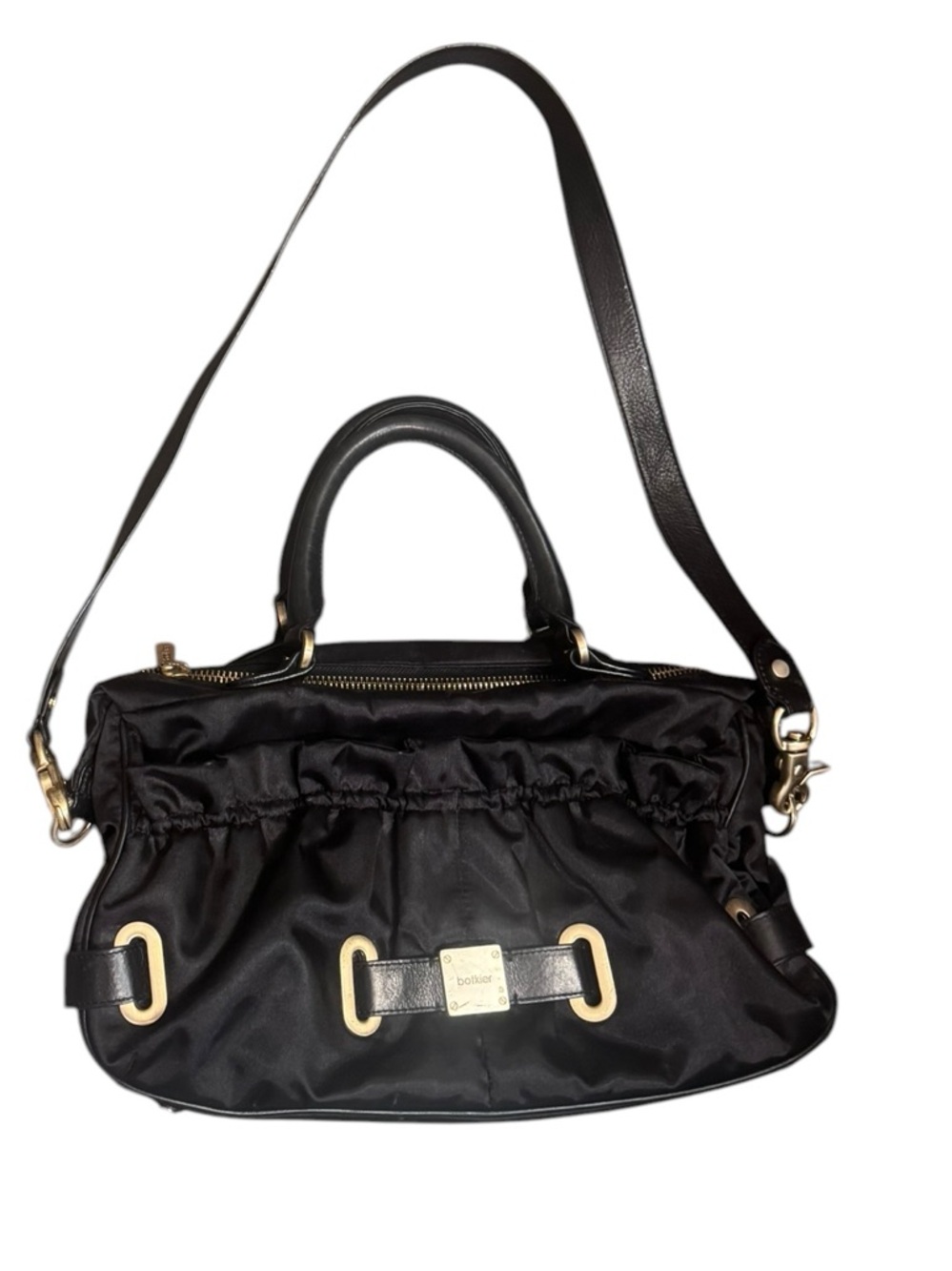 BOTKIER Black Satin Leather Trim Gold Hardware 2 Way Purse Handbag